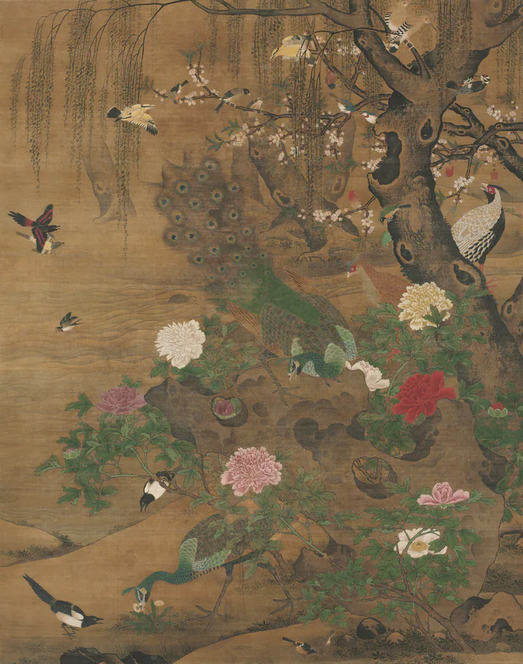 Birds Gather under the Spring Willow: hanging scroll, ink and color on silk by Yin Hong, late 1400s–early 1500.