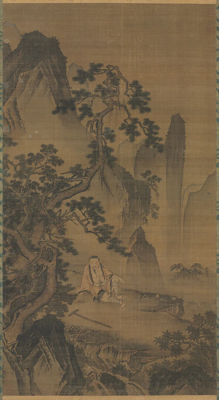 The Hermit Xu You Resting by a Stream: hanging scroll; ink and slight color on silk by Dai Jin, 1400s.