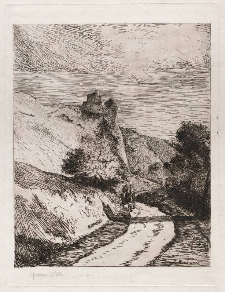 La Roche-Guyon: etching by Camille Pissarro, 1866.