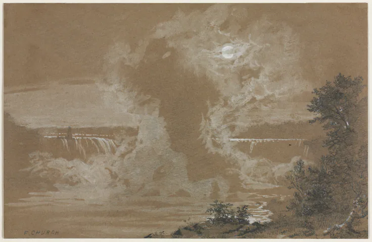 Niagara Falls by Moonlight: graphite and white gouache by Frederic Edwin Church, probably 1856.