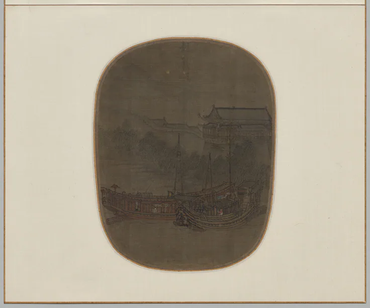 Boats at Anchor on West Lake at the City Gate: album leaf; ink and color on silk, 1150–1200.