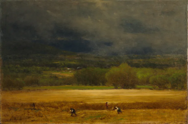 Harvesters work a golden wheat field under heavy dark storm clouds; deep green trees and a luminous yellow band of grain.