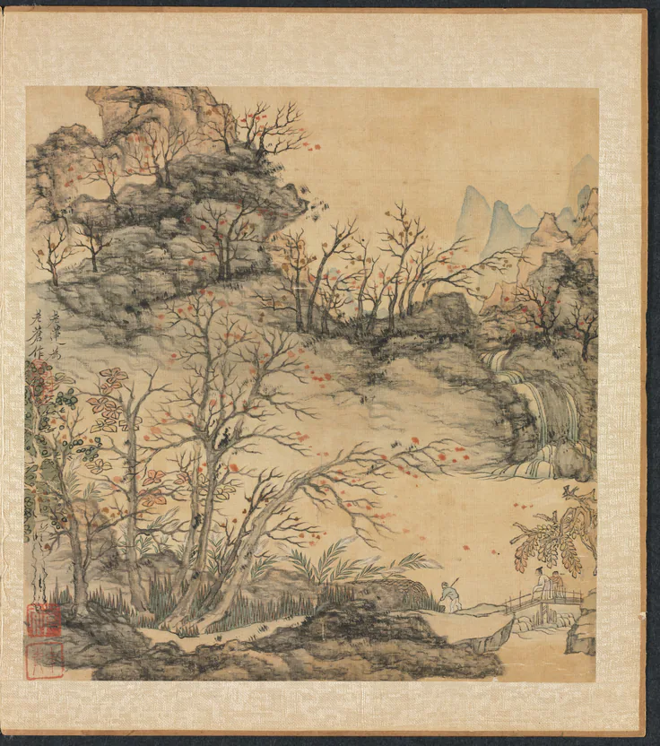 Paintings after Ancient Masters: Autumn Landscape: album leaf; ink and color on silk by Chen Hongshou, 1598–1652.