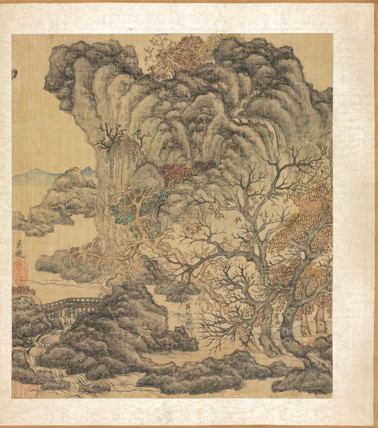 Paintings after Ancient Masters:Travelers in an Autumn Landscape: album leaf, ink and color on silk by Chen Hongshou, 1598–1652.