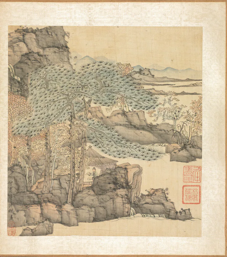 Paintings after Ancient Masters: Scholar Reading in a Thatched Hut by a Waterfall: album leaf; ink and color on silk by Chen Hongshou, 1598–1652.