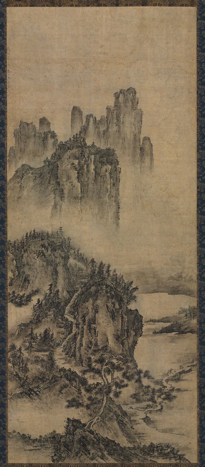 Landscape with a Distant Temple: hanging scroll; ink on paper, 1600s.