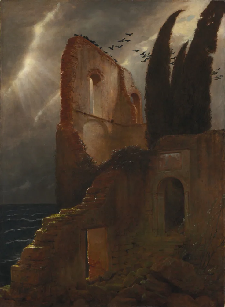 A crumbling red-brown ruin and dark cypresses on a cliff above the sea; storm light and lightning break through, birds circling.