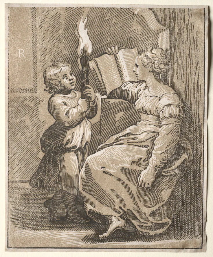 Sibyl Reading with a Child Holding a Torch: chiaroscuro woodcut by Ugo da Carpi, 1518–27.