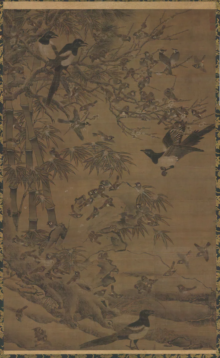 A Hundred Birds and the Three Friends: hanging scroll; ink and color on silk by Bian Wenjin, 1400–1425.