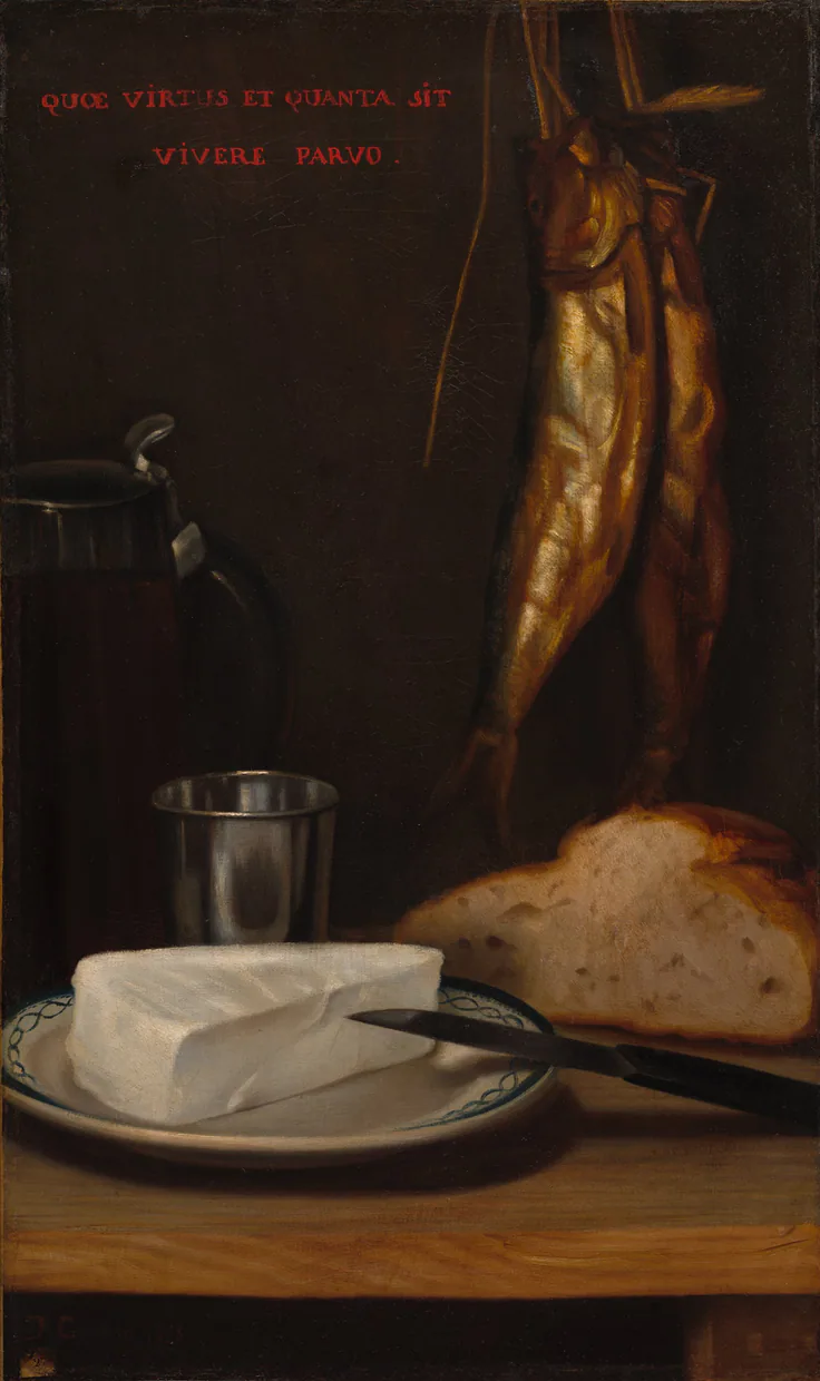 Still Life with Herring, Bread, and Cheese: oil on canvas by Alexandre-Gabriel Decamps, 1858.