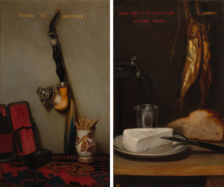 Still Life with Pipe and Matches and Still Life with Herring, Bread, and Cheese (pair): oil on fabric by Alexandre-Gabriel Decamps, 1858.