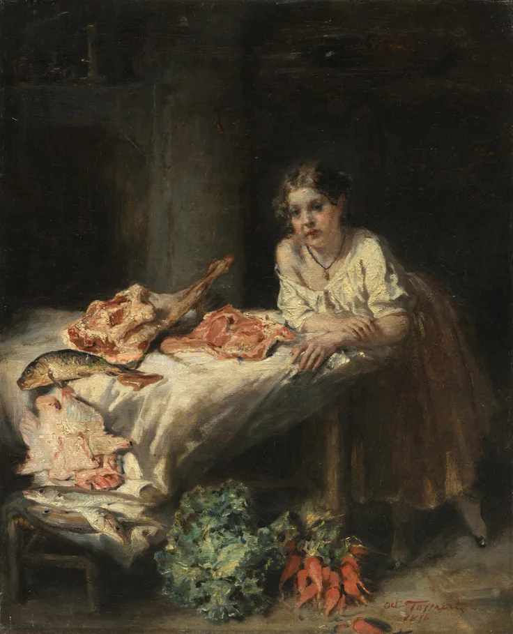 A young woman leans on a kitchen table heaped with raw meat and fish, carrots and greens on the floor; dim, warm light.