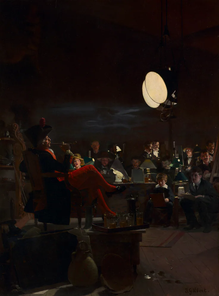 A Night Class: oil on wood panel by Jehan-Georges Vibert, c. 1881.