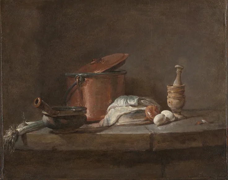A copper pot, a pan, leeks, a wrapped fish and eggs on a stone shelf; muted warm browns and soft light.