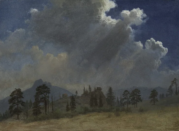 Towering grey-white storm clouds over a dark band of firs and pines on a dry meadow; deep blue sky, soft diffuse light and a low mountain ridge behind.