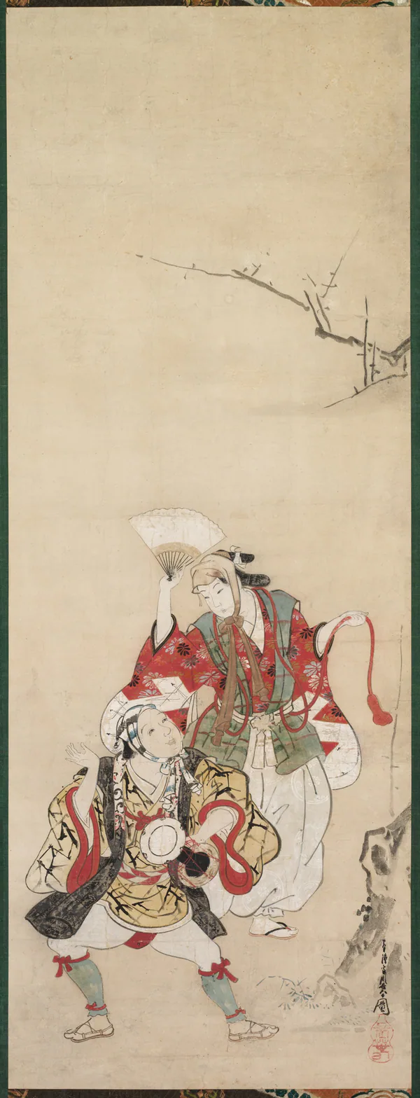 Spring Dancers (Manzai): hanging scroll; ink and color on paper by Miyagawa Chōshun, early to mid-1700s.