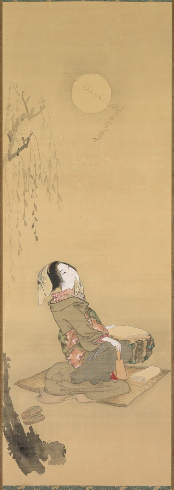 Woman Looking at the Moon: hanging scroll; ink and color on silk, 1800s.