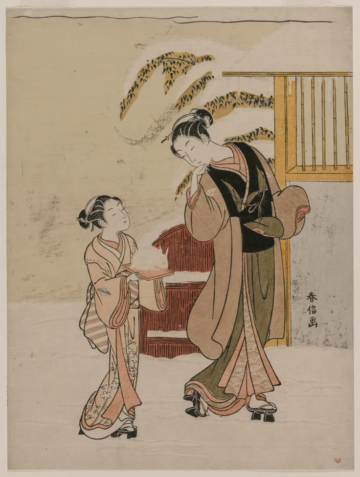 A young woman in a layered kimono with a girl carrying a snow rabbit on a tray; snow-laden branches and soft embossed white.