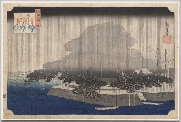 Night Rain at Karasaki, from Eight Views of Ōmi: color woodblock print by Utagawa Hiroshige, c. 1835.