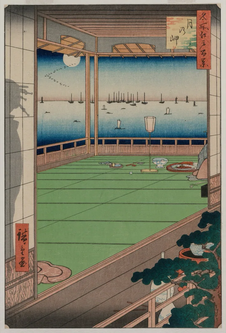 View from a tatami room over a bay full of boats under a full moon; a shadow on a sliding screen hints at a party just out of sight.