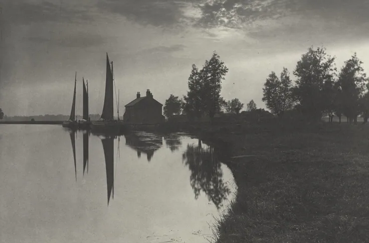 Black sails of moored river boats and a cottage mirrored in a still river at dusk; low horizon and soft platinum greys.