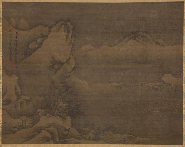 Snowscape with Figures: hanging scroll; ink on silk by Kim Si, 1584.