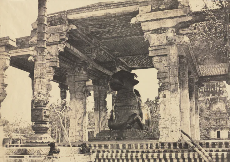 Great Pagoda, Great Bull, Front View, Tanjore, India (Rajarajeshvara Temple), plate 12 from Photographic Views of Tanjore and Trivady (Madras: Madras Presidency): salted paper print from calotype negative by Captain Linnaeus Tripe, 1857.