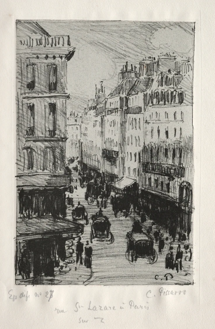 Rue Saint-Lazare, Paris: lithograph by Camille Pissarro, 1897.