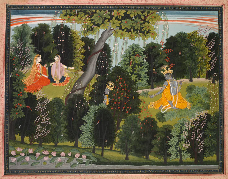 Sakhi persuades Radha to meet Krishna, from a Gita Govinda (Song of the Cowherd) of Jayadeva: gum tempera and gold on paper by Purkhu, c. 1820–25.