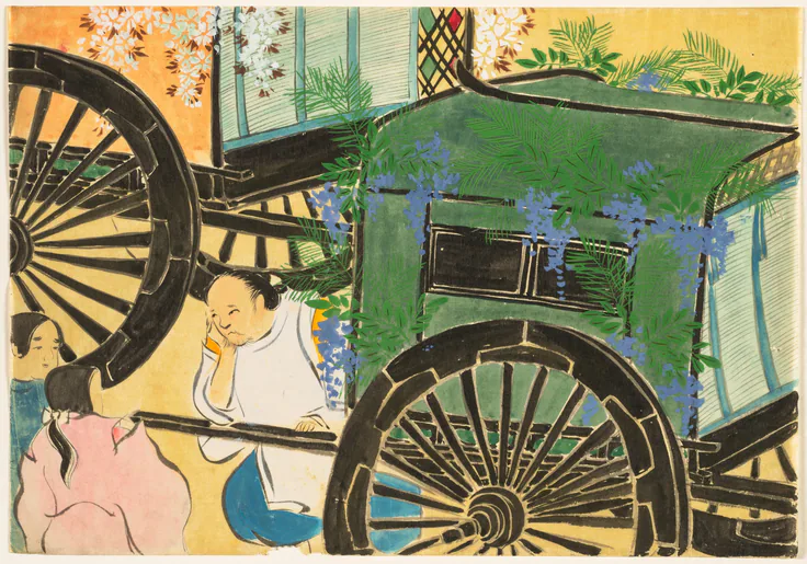 Flowers of a Hundred Worlds (Momoyogusa): Flower-draped Carts: ink and color on paper by Kamisaka Sekka, 1909.