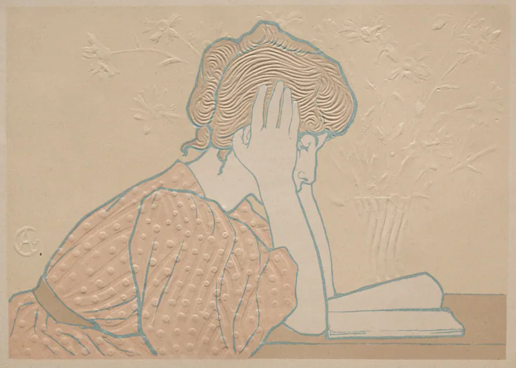 Young Woman Reading: embossed color lithograph by Alexandre-Louis-Marie Charpentier, 1896.