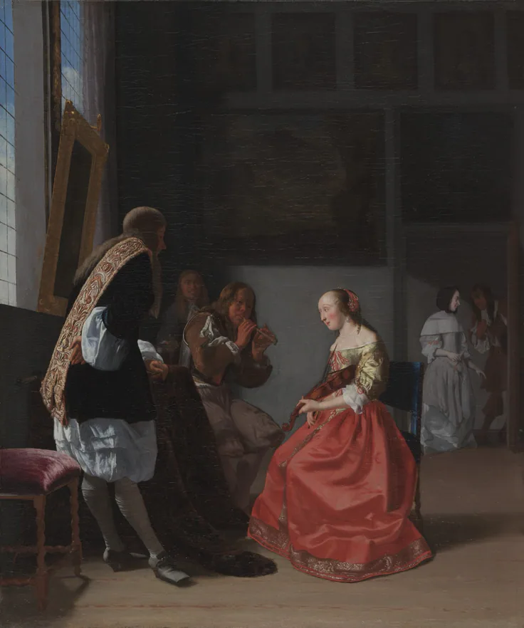 In a tall dark room a lady in a red satin gown with a lute is courted by a man in a cloak; light falls from a high window.