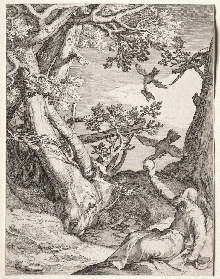 Elijah in the Wilderness Fed by Ravens: engraving by Jan Saenredam, 1604.