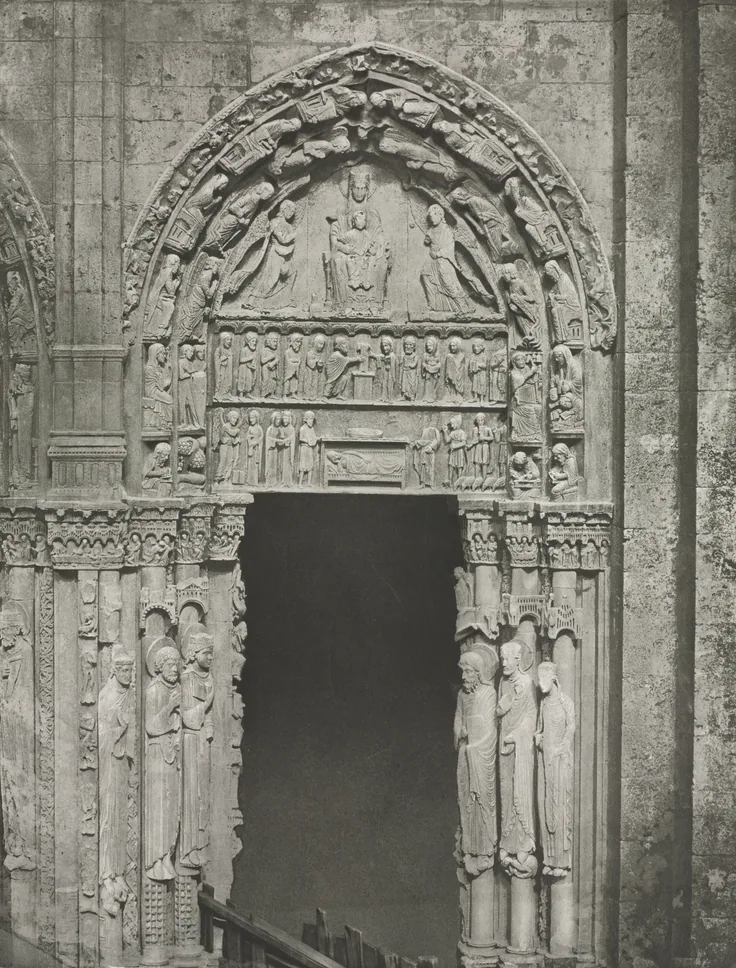 Chartres Cathedral: Right Door of the Royal Portal with Our Lady of Chartres: photogravure by Charles Nègre, 1857.