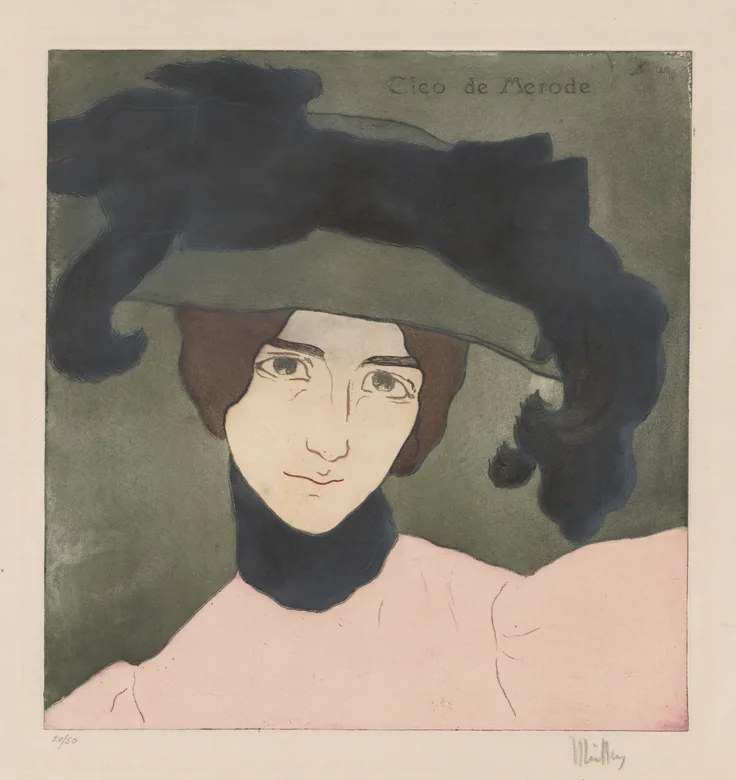 A Belle Époque dancer with center-parted hair under a huge dark feathered hat, pink shoulders on a sage-green ground; her name lettered at top.