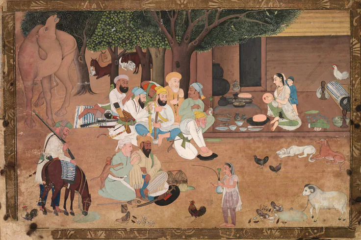 Traveling Warriors Stopping at a Farm: gum tempera and ink on paper, c. 1800.