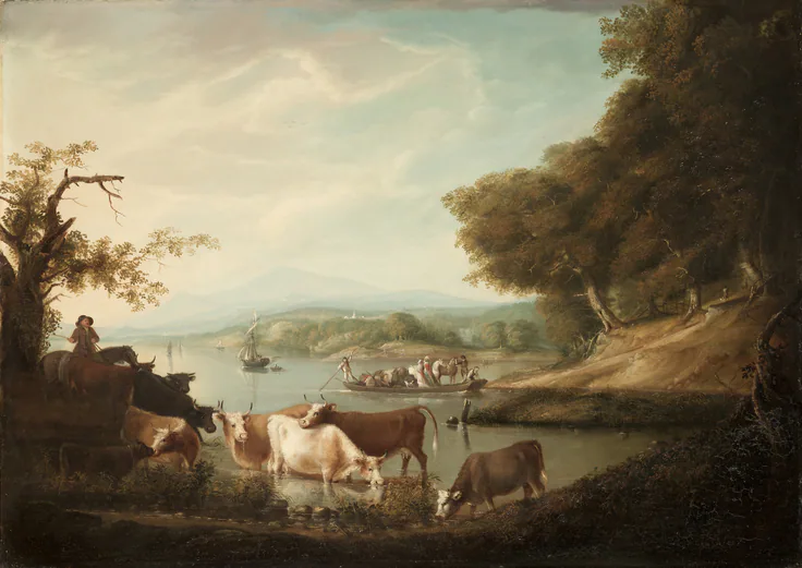A Calm Watering Place—Extensive and Boundless Scene with Cattle: oil on panel by Alvan Fisher, 1816.