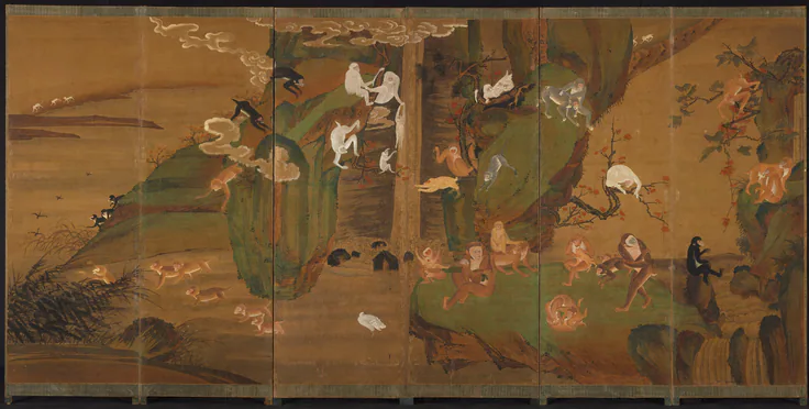 Gibbons in a Landscape: six-panel folding screen; ink and color on hemp, early 1900s.