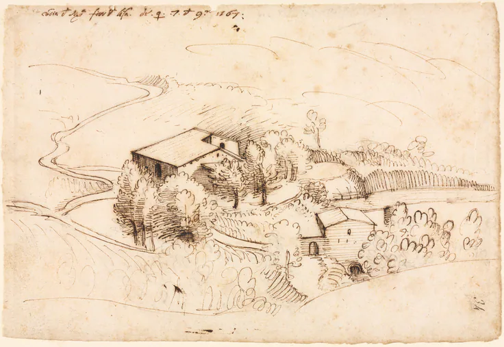 Farm with Trees in a Hilly Landscape: pen and brown ink (iron gall) by Gherardo Cibo, 1567.