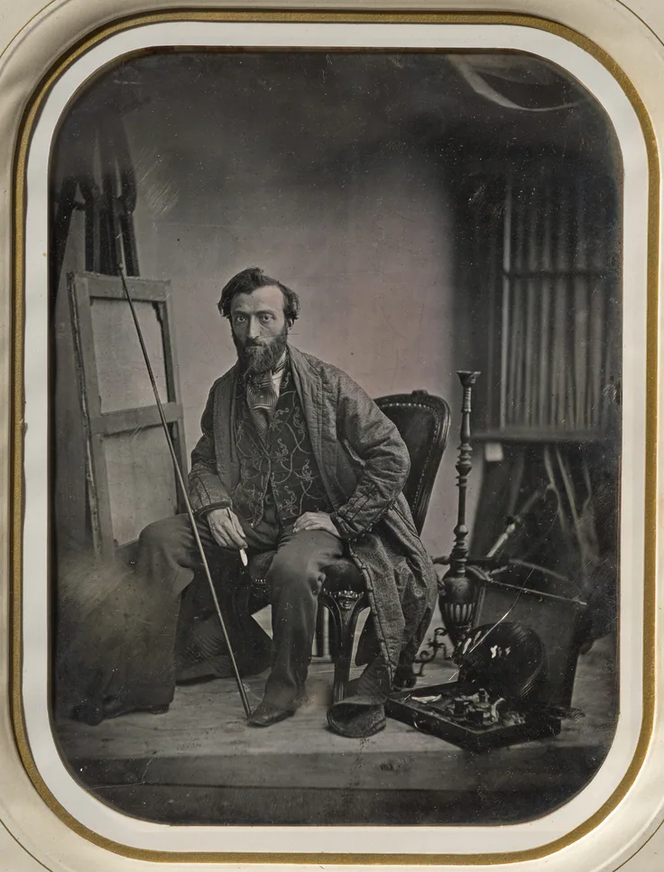 Self-Portrait in Painting Studio: daguerreotype (full-plate) by Camille Dolard, c. 1843.