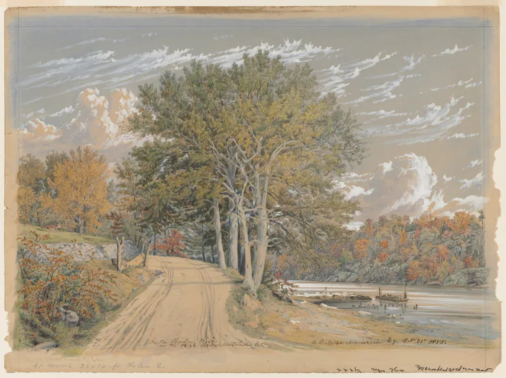 A dirt road under tall trees beside a river, early autumn color and quick white clouds in a blue sky; pencil notes along the lower margin.