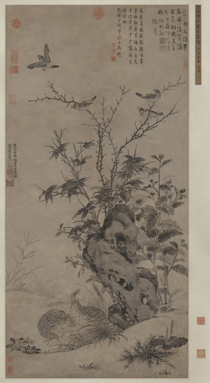 Quails and Sparrows in an Autumn Scene: hanging scroll, ink on paper by Wang Yuan, 1347.