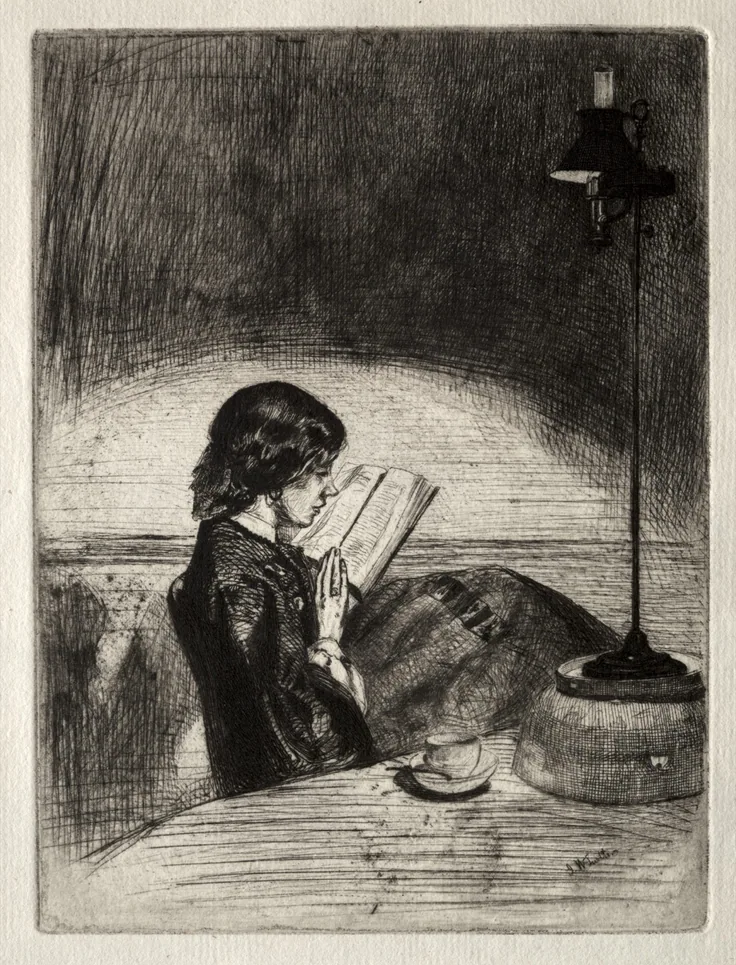 A young woman reads beside a tall oil lamp, dark hatching around a pool of light; an intimate evening scene.