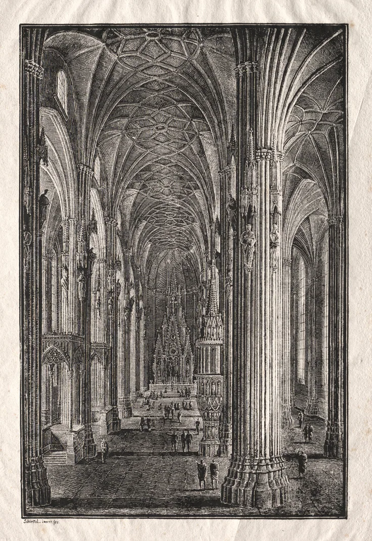 Interior of St. Stephen's Cathedral in Vienna: lithograph by Karl Friedrich Schinkel, c. 1810.