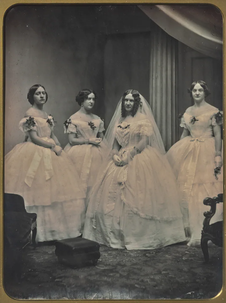 A Bride and Her Bridesmaids: whole-plate daguerreotype by Josiah Johnson Hawes, 1851 or later.