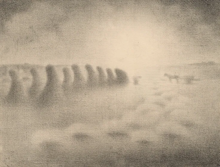 Soft conte crayon haze: a line of haystacks and a horse-drawn cart dissolving into pale light.