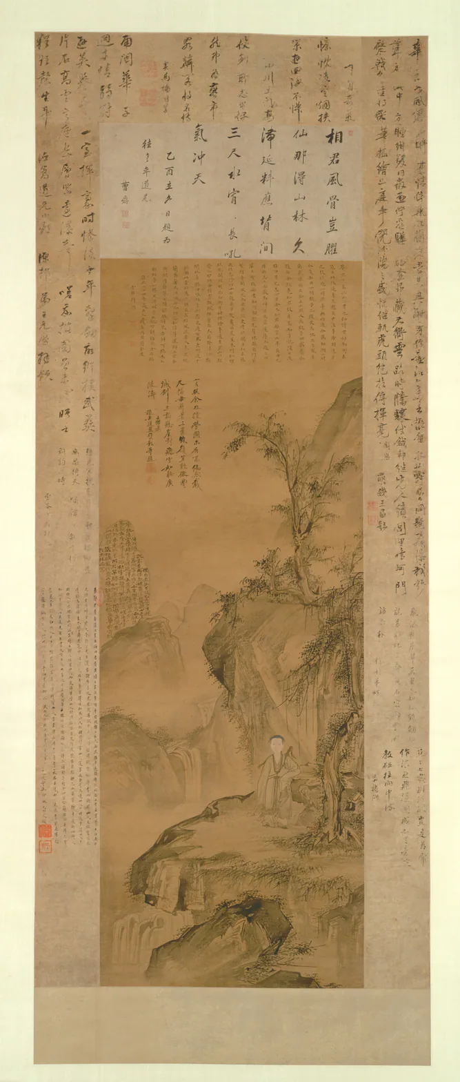 Layered Peaks and Splashing Waterfall: Portrait of Hua Yan as a Young Man: hanging scroll; ink and color on silk by Hua Yan, 1705.