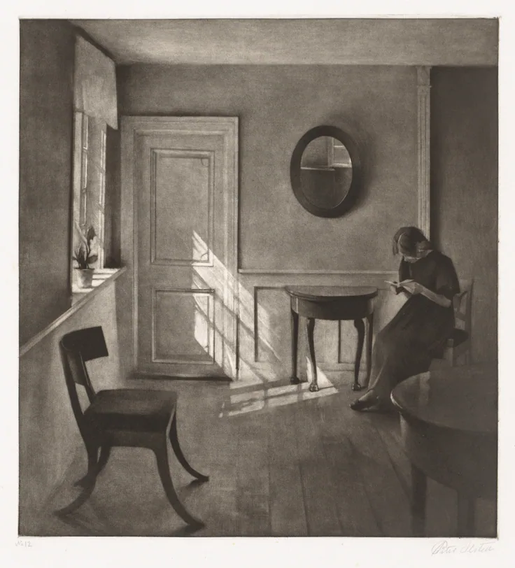Sunshine in an Interior: mezzotint by Peter Vilhelm Ilsted, 1920.