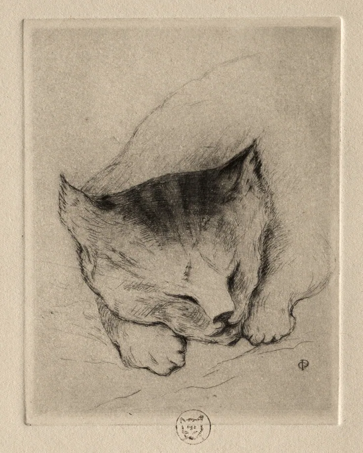 A sleepy striped kitten rests its head on its paws, drawn in fine etched lines; a small collector's stamp below.