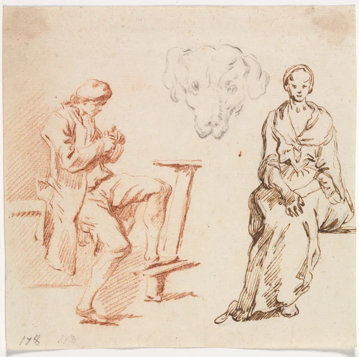 Sheet of Studies: Seated Man, Head of a Dog, Seated Woman: drawing by Claude-Joseph Vernet, 1700s.